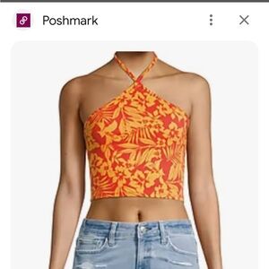 Arizona Juniors Small Coral tropical Crop Top Halter Neck Tank Top stretchy